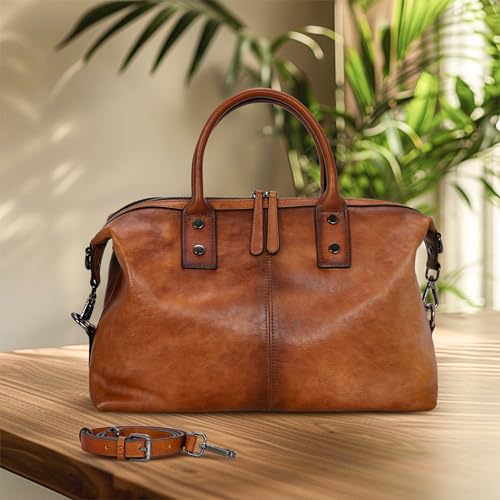Iswee Genuine Leather Satchel Tote Bag Top Handle Handbag Designer Shoulder Bag Large Capacity Cross Body Bag - color: Light Brown