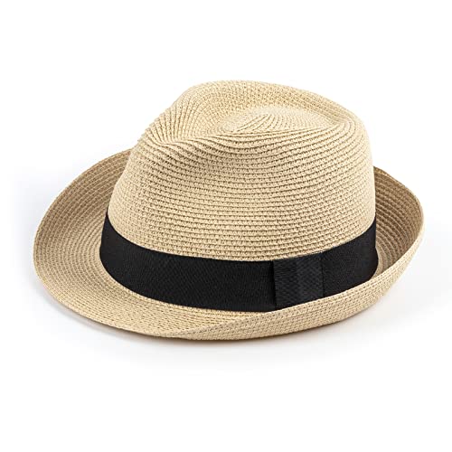 DRESHOW Women Straw Sun Hat Short Brim Panama Travel Fedora Summer Hat Roll Up Beach Cap for Women UPF 50+ - color: Ab Beige G