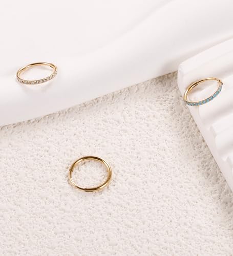 3pcs Nose Rings Hoops - 316L Surgical Steel Nose Hoops 16G/18G/20G CZ Opal Turquoise Clicker Septum Nose Ring Lip Helix Cartilage Hoop Earring Daith Rook Conch Body Piercing Jewelry for Women Men 6mm 8mm 10mm - color: Gold, size: 18 gauge(1.0mm)-8mm