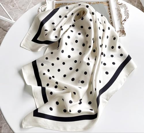 JERLA 100% Pure Mulberry Silk Square Scarf for Hair-27''x27'' Women Men Natural Silk Neckerchief Headscarf - color: Polka Dot Cream White