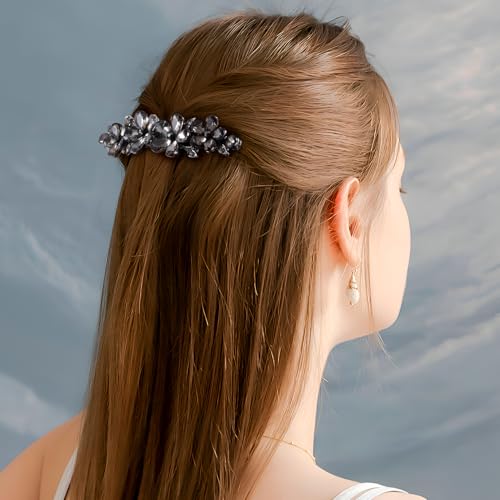 Joez Wonderful Rhinestone Hair Clip Sparkly Crystal Barrettes French Wedding Prom Engagement Pageant First Communion Hair Decorative Accessories for Women Bride Thick Long Hair (Flower Grey, 1 Pcs) - color: Flower Grey