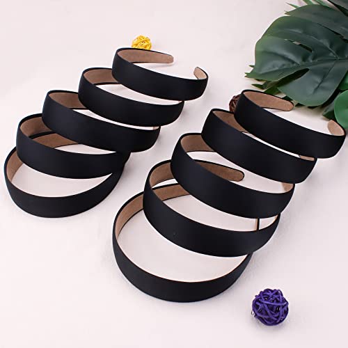 Wecoe 10 Pack Black Satin Wide 1.3 Inch Non-Slip Fashion Halloween DIY Plain Solid Hair Bands for Women and Girls - color: Black