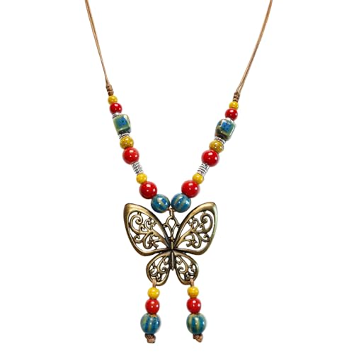 Boho Necklace for Women,Vintage Butterfly Pendant Necklaces,Adjustable Wooden Beads Layered Braided Choker,Fashion Tribal Style Leather Rope Necklace Jewelry,Chunky Statement Gift for Women - color: Colorful1