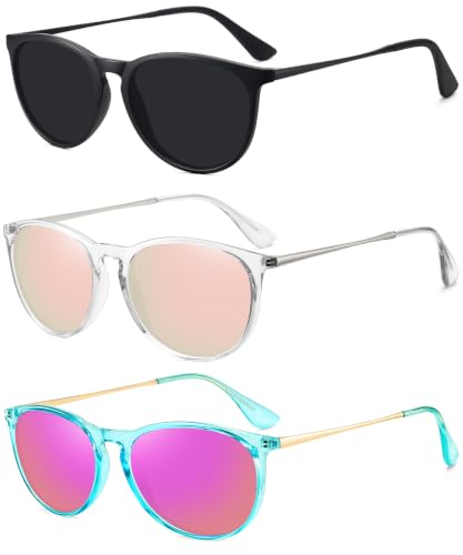 WOWSUN Retro Polarized Sunglasses Womens Trendy Round Classic Glasses - color: Transparent Frame Light Pink Mirrored + Black+ Transparent Blue Frame Purple Pink Mirrored