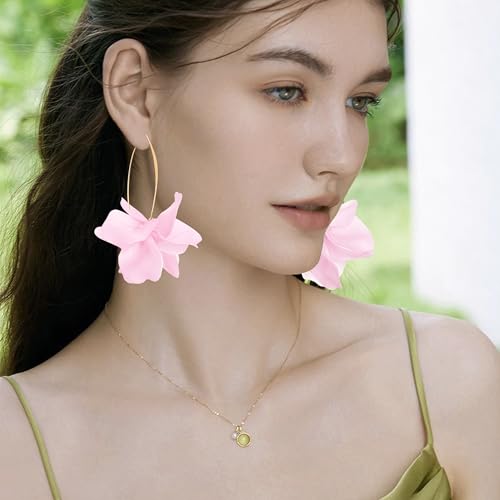 Exaggerated Bohemian Resin Rose Flower Petal Dangle Drop Earrings Long Acrylic Tiered Floral Tassel Earring for Women - color: Pink