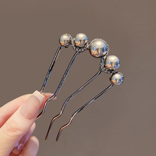 2 Pcs Pearl U Shaped Hair Side Combs for Buns Fashion 4 Prong Hair Updo Hair Sticks Metal Teeth Hair Fork Clips Decoration Hair Styling Accessories (Gold, Black)