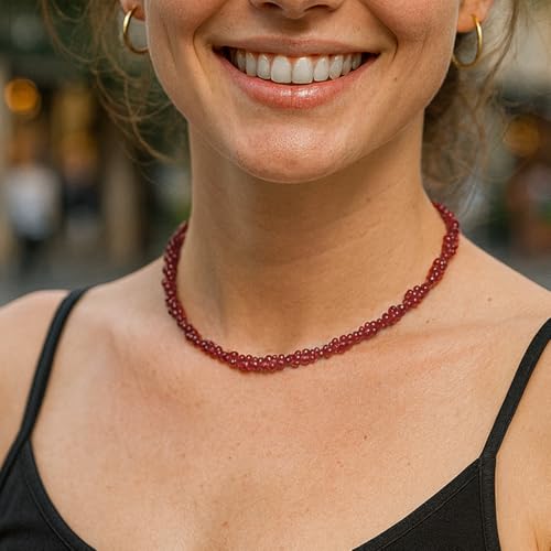 ZANNAH Gemstone Beaded Necklaces for Women - Boho Style Essential Necklace 15" + 3.14" Extender, Cute and Trendy Choker, Natural Stone Handmade Jewelry, Thoughtful Gifts for Women - color: Dark Red - Agate