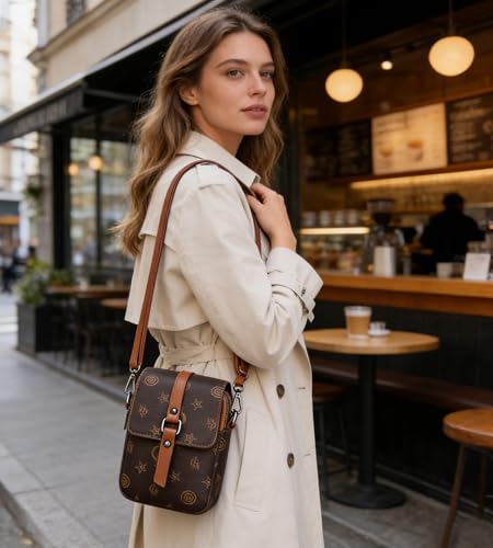 myfriday Vintage Crossbody Phone Bag for Women, Small PU Leather Shoulder Purse and Handbag - color: B-pattern Brown