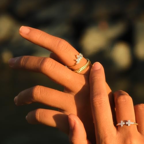 STORYJEWELLERY Gold Plated Marquise Rings for Women, Pinky Ring, Art Deco Ring, Vintage Cocktail Rings for Women, Marquise Wedding Band, Art Deco Jewelry