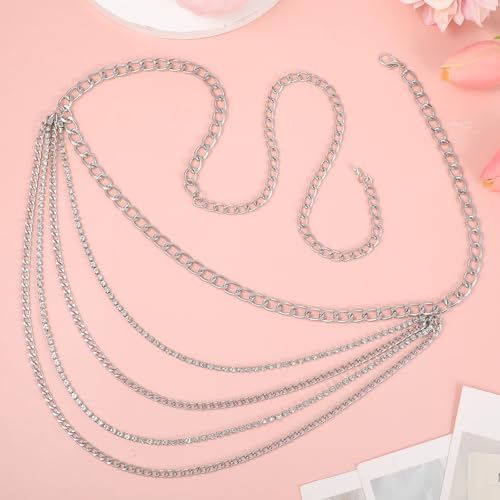 Andibro Silver Waist Chain Belt for Women, Multilayer Sparkly Rhinestones Belly Waist Belts Plus Size Waist Chain Belt