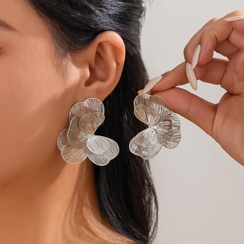 Gold Large Flower Dangle Earrings for Women Vintage Big Ginkgo Leaf Statement Silver Earring Trendy Oversized Floral Punk Jewelry Hip Hop Accessories - color: Small-Silver
