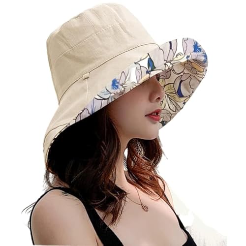 HUAMULAN Women Summer Sun Hat Wide Brim Wired Edge Floral Beach Bucket Hats Reversible Foldable Travel UV Protection Lady Hat - color: M1744-mise
