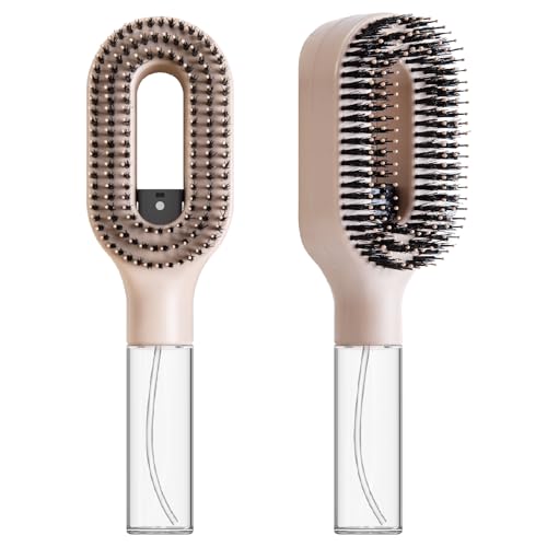 2-in-1 Manual Non-Electric Detangler Hair Brush with Built-In Mister Spray, Wet & Dry Detangling Brush for Curly, Wavy & Straight Hair, No-Tangle Anti-Frizz Brush，Reservoir 50ml.(Khaki) - color: Khaki
