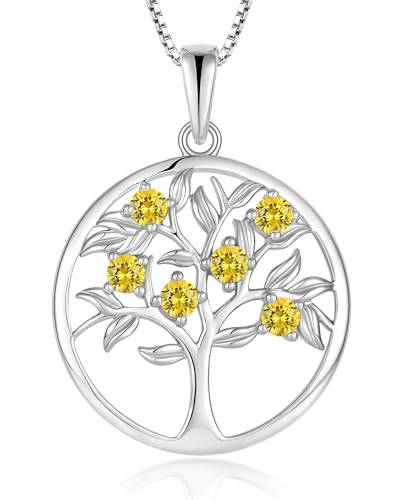 Tree of Life Necklace for Women - Solid 925 Sterling Silver 18K White Gold Plated Birthstone Pendant Jewelry - color: 11-Nov_Topaz