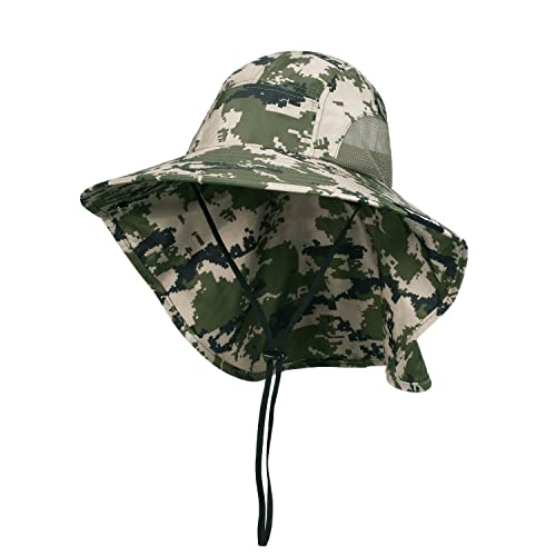 Tirrinia Wide Brim Sun Hat with Neck Flap for Men & Women, Breathable Hiking Fishing Safari Hat, Outdoor UV Protection Cap - color: Digital Camo Green