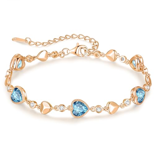 925 Sterling Silver Birthstone Heart Bracelet Jewelry Gift for Women | Rose Gold Plated Bracelets,Hypoallergenic,Adjustable Chain Personalized Anniversary Christmas Jewelry Gift for Mom Wife - color: Rose Gold-03-Mar
