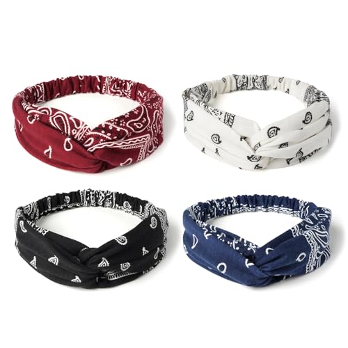 AQOKKA Elastic Knotted Headbands for Women Cloth Head Hair Bands for Women's Hair Non Slip Boho Wrap Twisted Hair Accessories - color: 4 Pack Cross Floral : Navy, Black, Burgundy, White
