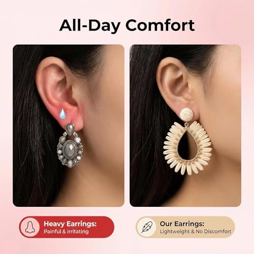 Woven Raffia Rattan Earrings for Women, Boho Flower Hoop & Drop Dangle Earrings Collection, Handmade Summer Beach Vacation Statement Earrings for Party Daily Wear - color: Raffia Fan Teardrop
