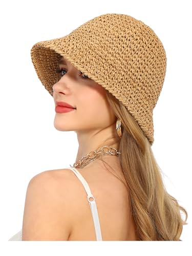 Womens Sun Hat Handmade Straw Bucket UV Protection Travel Summer Beach Cap - color: Khaki