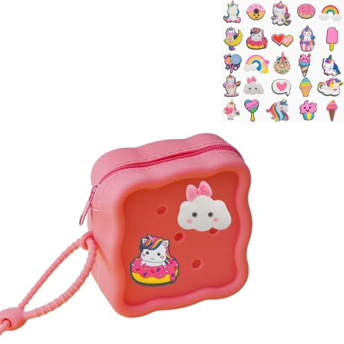 Soft Silicone Zipper Coin Purse Lovely Cartoon Hole Design Miniature Wallet Children's Storage Pouches Organizers For Kid with 25pcs DIY Charms (Watermelon Red) - color: Watermelon Red