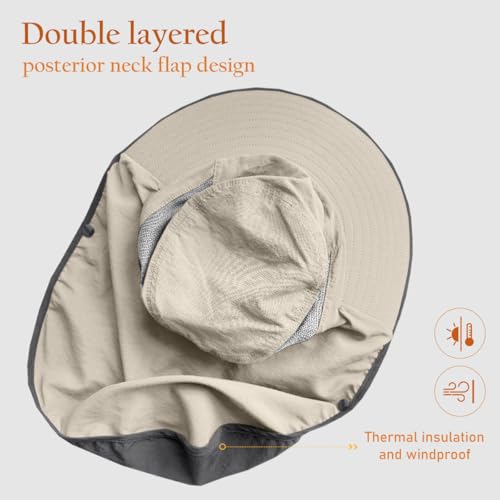 Womens Sun Hat Wide Brim UPF50+ Outdoor Sun Protection Ladies Fishing Hat with Neck Flap Detachable Face Cover - color: Khaki