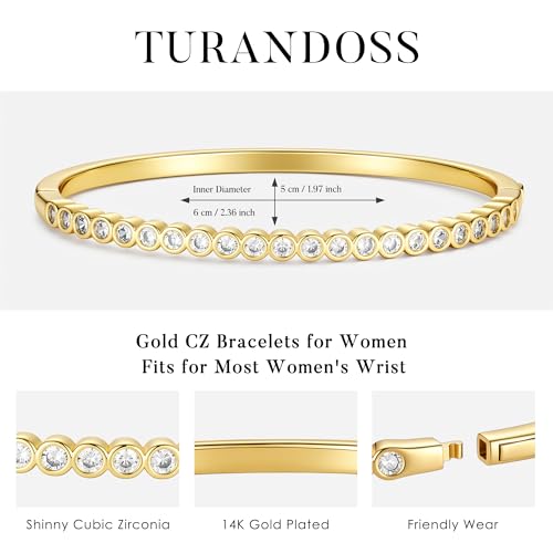 Turandoss Gold Bangle Bracelets for Women - Dainty 14K Gold Plated Tennis Bangle Bracelet Personalized Cubic Zirconia Oval Cuff Bracelets Jewelry Gifts - color: Half CZ Bangle - Round Tennis