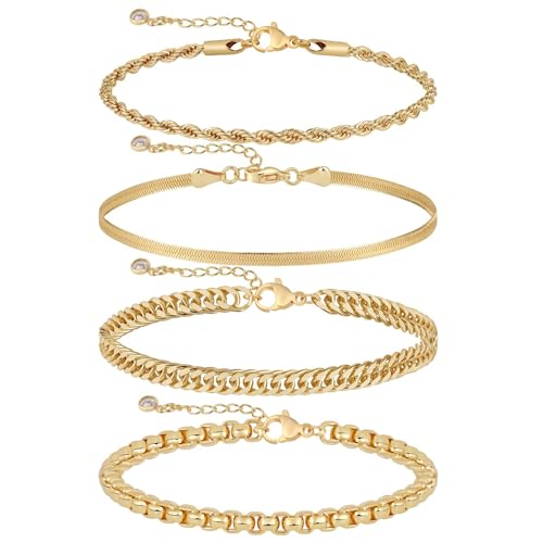 VIROMY Gold Bracelet Sets for Women 14K Gold Plated Stackable Dainty Chain Women’s Bracelet Layered Link Bracelet Set Gold Jewelry for Women - style: 4Layered Cuba-GD