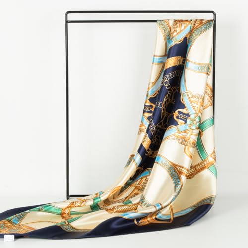 RIIQIICHY Head Scarf for Women Like Silk Scarf Hair Scarf Printed Square Scarf Bandanas for Women 35 Inches - color: Navy/Yellow/Gold/Green/Blue