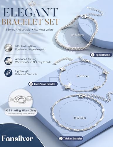 Fansilver 3 Pcs Silver/Gold Bracelets for Women Trendy 925 Sterling Silver Stackable Bracelet Set Adjustable Bracelet Link Chain Cubic Zirconia Bracelets Waterproof Jewelry Set - color: Silver tone