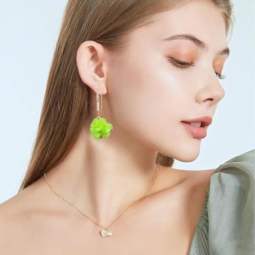 Boho Flower Dangle Earrings for Women Long Drop Resin Acrylic Tiered Petal Statement Earrings Handmade Lightweight Vintage Floral Chunky Drop Jewelry - color: Neon Green