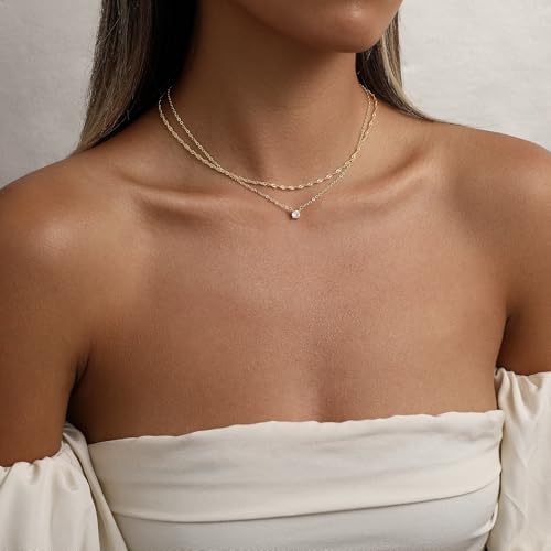 CAROVO Gold Necklace for Women Dainty 14K Gold Plated Choker Cross Flower Cubic Zirconia Necklaces Simple Layered Gold Chain Trendy Jewelry Gifts for Women - style: C:Layered CZ Necklace