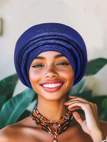 Woeoe African Head Wraps for Black Women Gold Pre Tied Headdress Wedding Turban Hats - color: Royal Blue