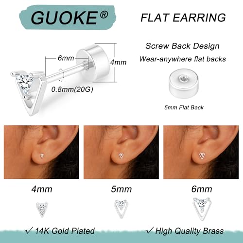 3 Pair Tiny Flat Back Earrings for Women - 14K Gold/White Gold Plated Dainty Cute Small Screw Flatback Stud Earring, Everyday Wear Gift - color: cz triangle silver