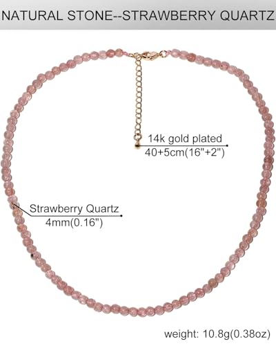 Simple Choker Necklace for Women Real Stone and Crystals Necklaces 4mm Beaded Choker Jewelry Meditation Gift for Women (16"+2") - style: Strawberry Quartz