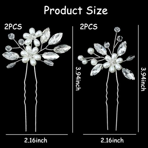 4 PCS Flower Hair Piece Bride Wedding Pearl Hair Pins Wedding U-shape Hairpins Hair Jewelry for Braids Accessories Silver Hair Accessories for Bride Women Girls Bridesmaids (Silver)
