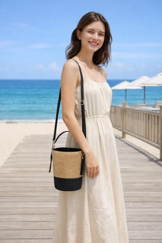 Eiyye Mini Woven Bucket Bag for Women Lightweight Straw Style Crossbody Purse with Leather Strap Drawstring Closure Summer Boho Handbag