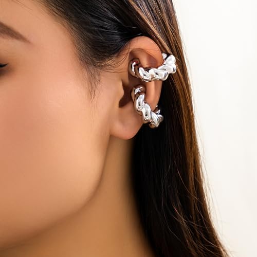 Gold Ear Cuff Earrings for Women Non Piercing 14K Gold Plated/Silver Cuff Clip On Cartilage Hoop Shining Cubic Zirconia Twisted Chain Ear Clip On Earring for Women Chunky Ear Cuffs Earrings - color: C-silver