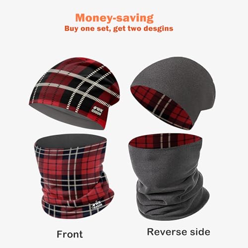 WK IEASON Winter Thermal Fleece Hat Scarf Set for Men Women Warm Windproof Cap Neck Warmer Fleece Beanie Scarf Set for Skiing - color: Colorful Squares