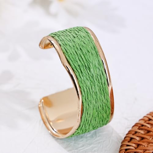 Raffia Colorful Chunky Cuff Bracelet For Women Statement Irregular Wave Vacation Tropical Beachy Spring Summer Wide Open Bangle Handmade Boho Costume Jewelry Accessories - color: green