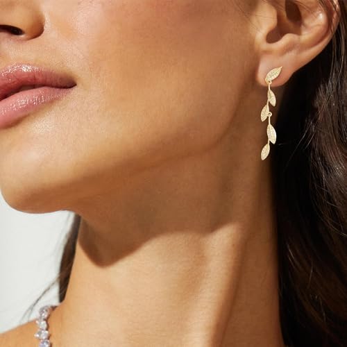 LLWOM 14K Gold/White Gold Plated CZ/Flower/North Star/Leaf Dangle Drop Earrings Studs for Women, Statement Earrings for Wedding Party Prom, Hypoallergenic Jewelry Gift - color: Gold Leaf