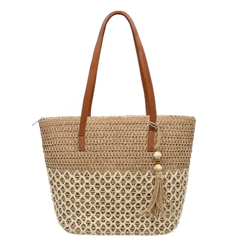 YAMEIZE Straw Woven Beach Shoulder Bags for Women Big Foldable Straw Tote bag Lightweight Raffia Bag with Zipper Summer - color: Multicoloured