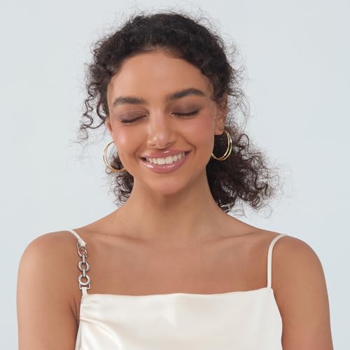 Diamond-Cut Double Hoop Earrings for Women 14k Gold Plated 925 Sterling Silver Posts Lightweight Hypoallergenic Split Hoop Earrings Trendy Jewelry Gifts for Women - color: GOLD