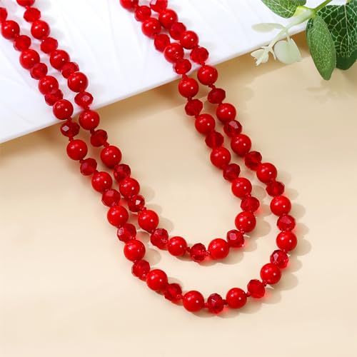 Long Beaded Necklace for Women Boho Colorful Crystal Stone Knot Statement Fashion Costume Jewelry Gifts - color: Red