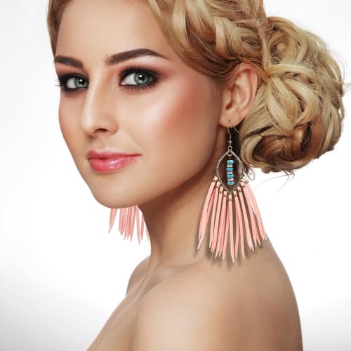 Long Bohemian Fringe Leather Earrrings Handmade Tassel Earrings with Turquoise Christmas Long Dangle Earrings for Women rodeo jewelry - color: 8