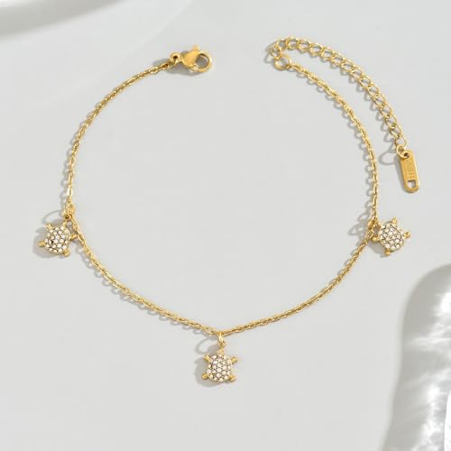 Anklet for Women, 18K Gold Plated Dainty Sea Turtle Heart Butterfly Moon Star Dolphin Snake North Star Charm Dangle Anklet, Cubic Zirconia Adjustable Summer Beach Foot Jewelry, Christmas Gifts - style: Zircon Sea Turtle-Gold
