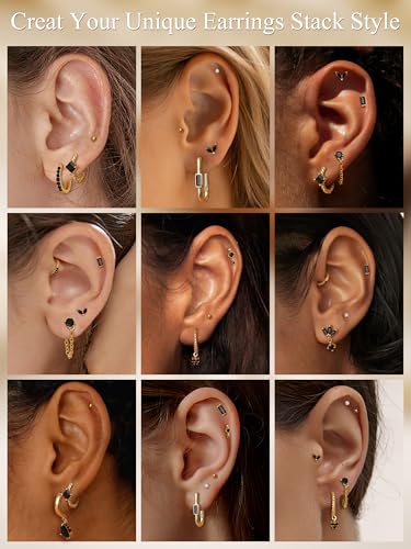 Sanfenly Stud Earrings Small Gold Hoop Earrings Set for Women Flat Back Earring Hypoallergenic Cartilage Earring Lightweight Dainty 14K Gold Stud Earrings for Multiple Piercing Set (Single 13 PCS) - color: Black Single Earrings