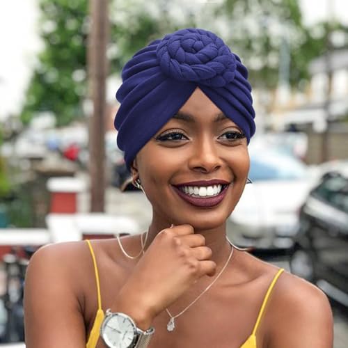 DRESHOW 5 Pack Knotted Headwraps for Women African Turban Pre-Knotted Beanie Headwraps Hair Covers - color: 5 Pcs Donut Flower: White, Yellow, Navy Blue, Dark Coffee, Black