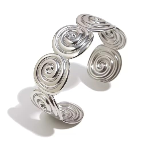 YWMAN Spiral Adjustable Cuff Bracelet, Chunky Swirl Open Bangle, Stainless Steel Boho Statement Jewelry for Women