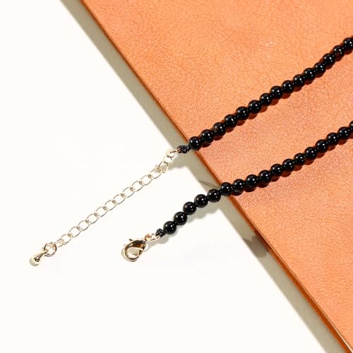 Simple Choker Necklace for Women Real Stone and Crystals Necklaces 4mm Beaded Choker Jewelry Meditation Gift for Women (16"+2") - style: Black Agate