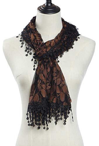 Cindy & Wendy Lightweight Soft Leaf Lace Fringe Scarf Bridal Shawl for Women - color: Gold/Black